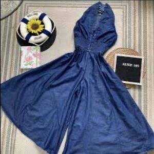 Denim Halter Top Wide Leg Jumpsuit Women's M Blue Jean Festival Outfit Boho NEW